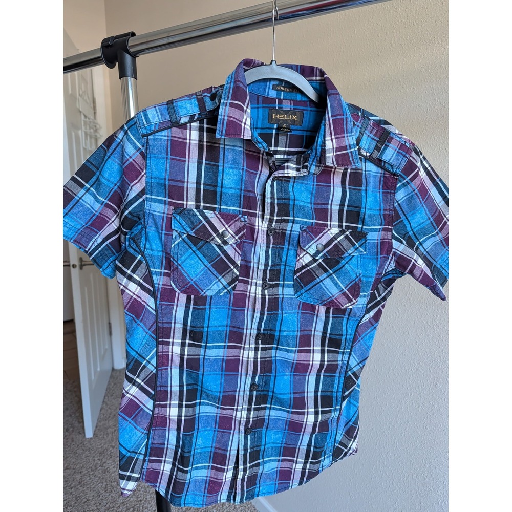 Helix Mens Athletic Fit Plaid Short Sleeve Button Down Shirt Blue Purple Small